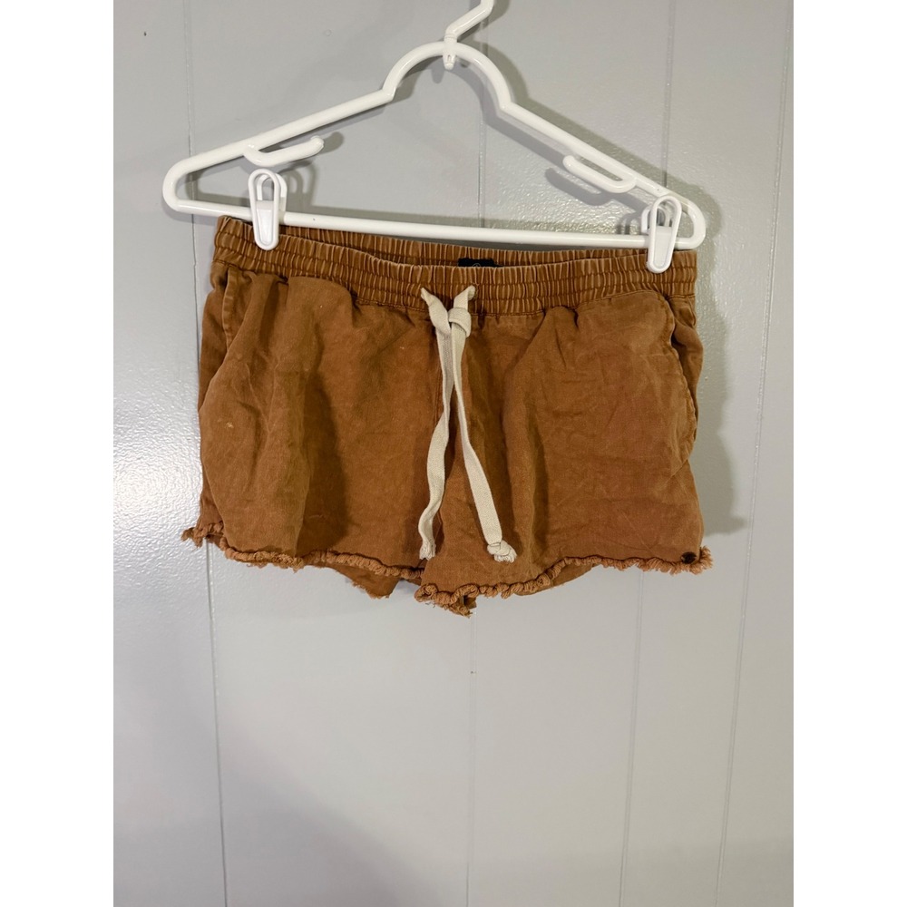 Volcom Shorts Womens Medium Brown‎ Elastic Waist Drawstring Raw Hem Frayed Twill